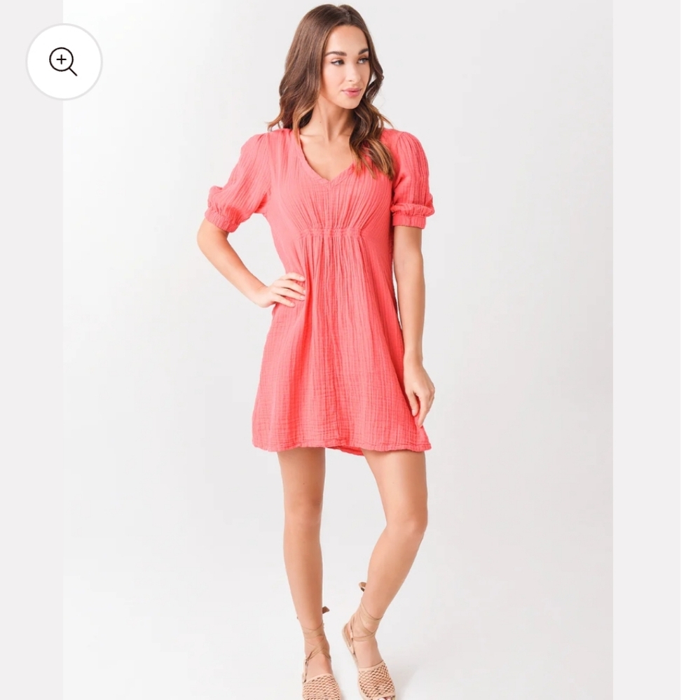 Stark X Gauze Cotton Smocked Short Sleeve Lee Mini Dress Cream Large